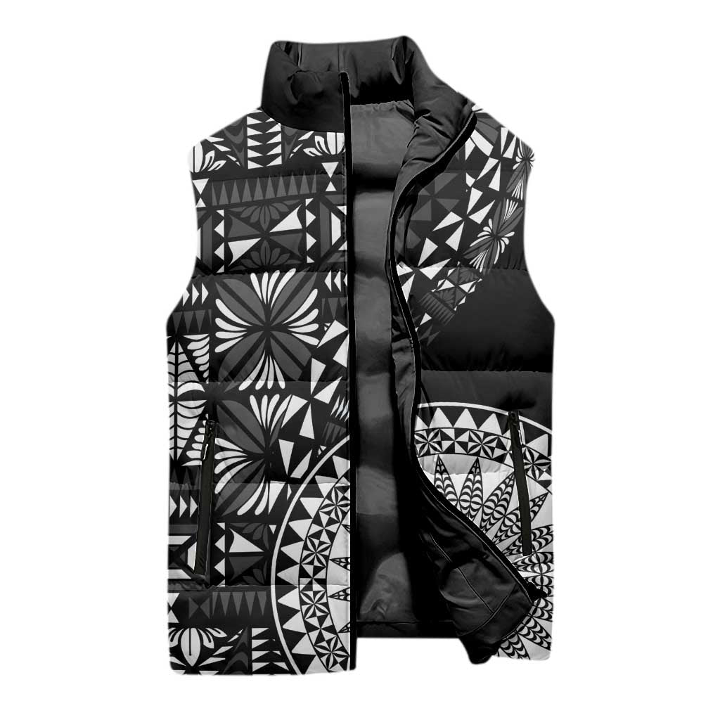 Black Tongan Ngatu Fonulei Pattern Sleeveless Puffer Jacket - Polynesian Pride