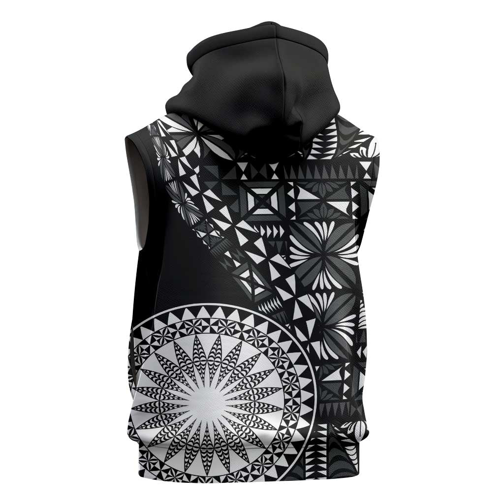 Black Tongan Ngatu Fonulei Pattern Sleeveless Zip Hoodie - Polynesian Pride