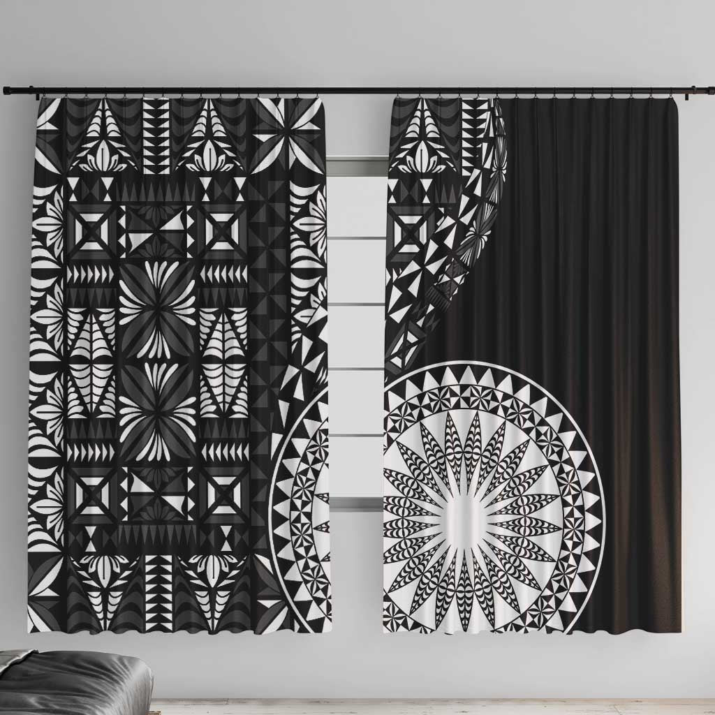 Black Tongan Ngatu Fonulei Pattern Window Curtain LT9 With Hooks Black - Polynesian Pride