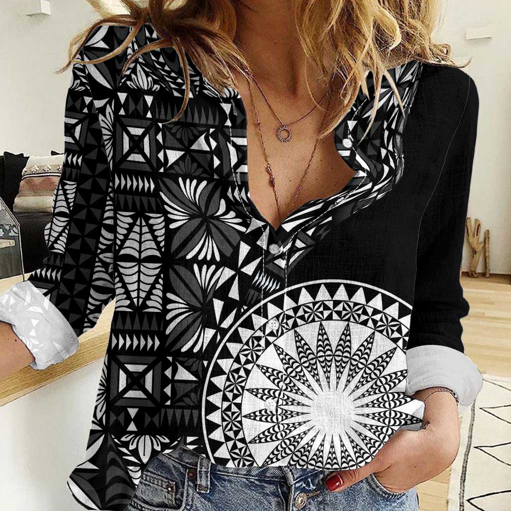 Black Tongan Ngatu Fonulei Pattern Women Casual Shirt LT9 Female Black - Polynesian Pride
