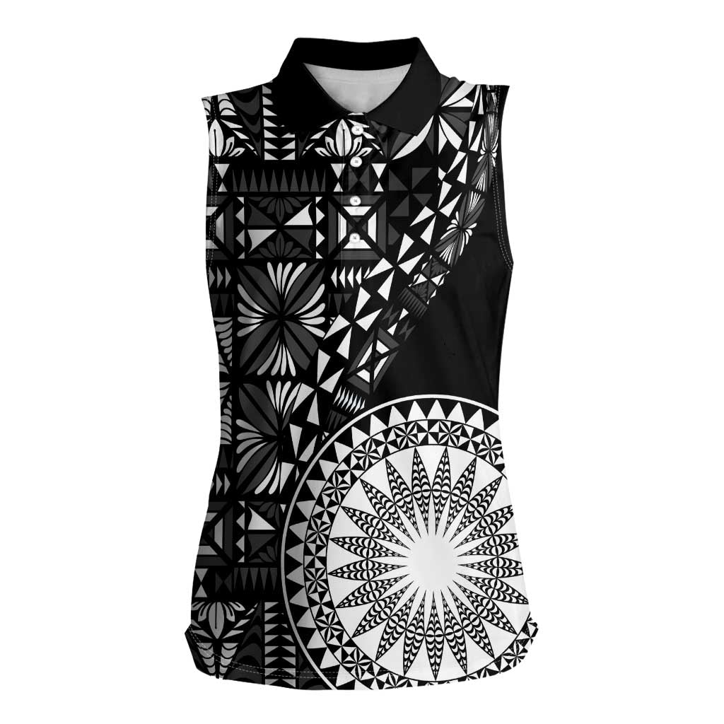 Black Tongan Ngatu Fonulei Pattern Women Sleeveless Polo Shirt LT9 Female Black - Polynesian Pride