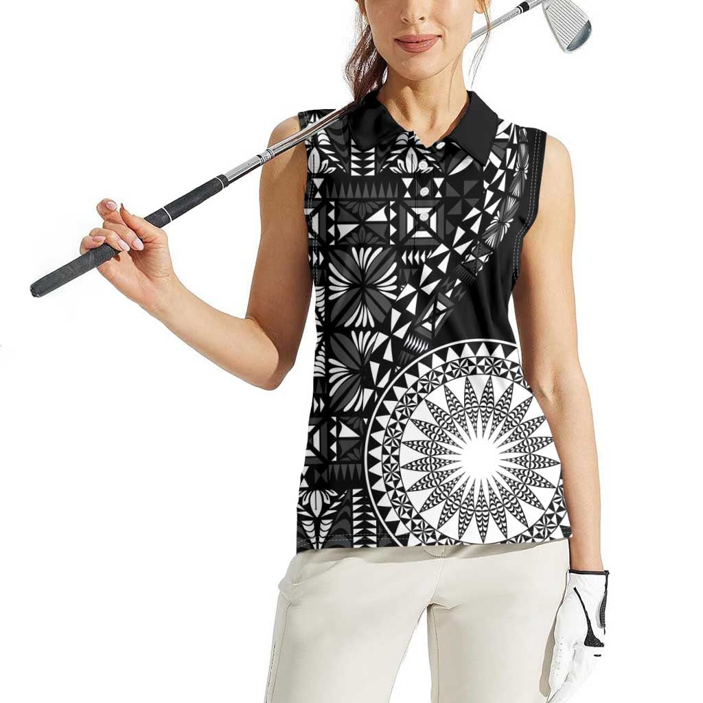 Black Tongan Ngatu Fonulei Pattern Women Sleeveless Polo Shirt