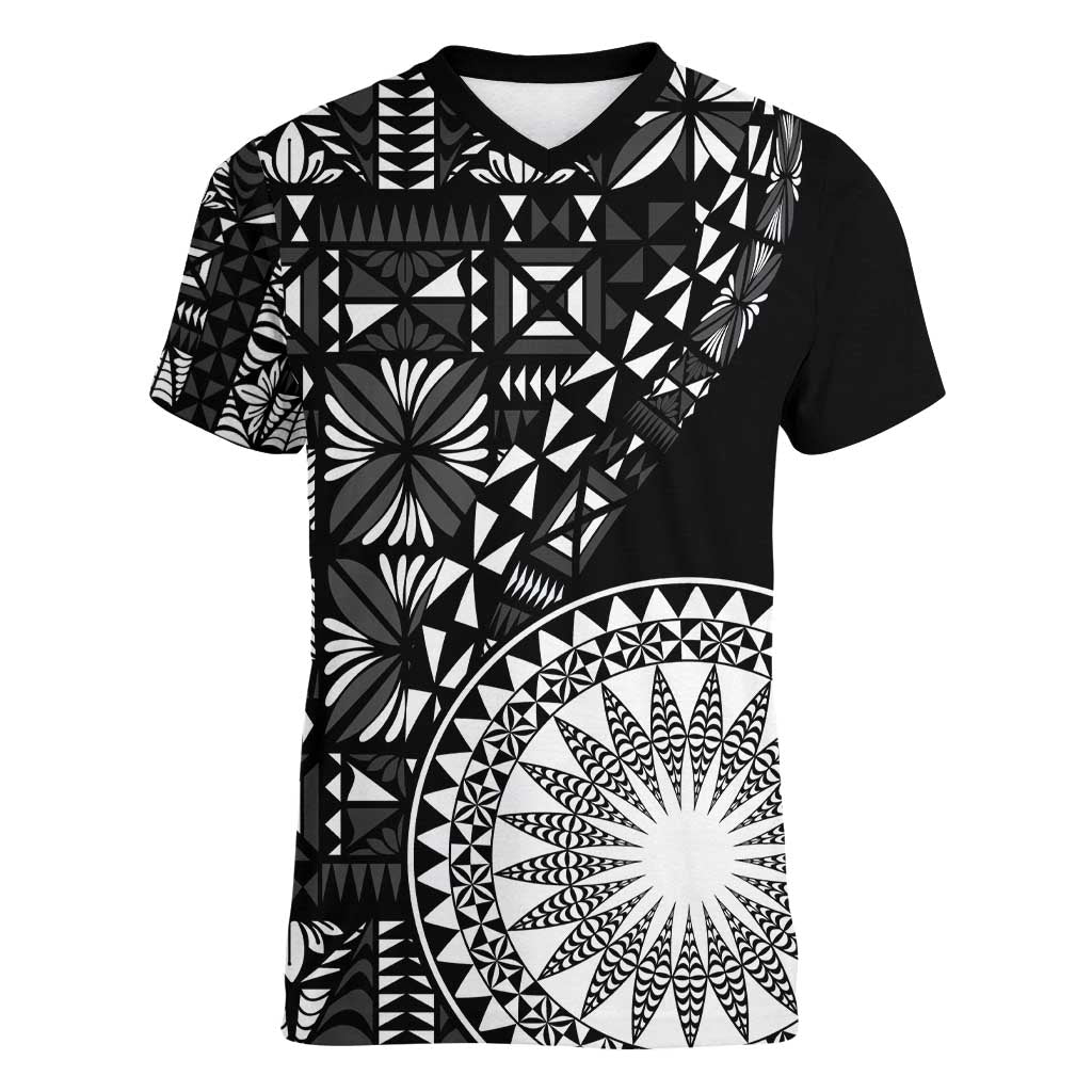 Black Tongan Ngatu Fonulei Pattern Women V-Neck T-Shirt LT9 Female Black - Polynesian Pride