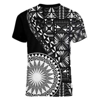 Black Tongan Ngatu Fonulei Pattern Women V-Neck T-Shirt