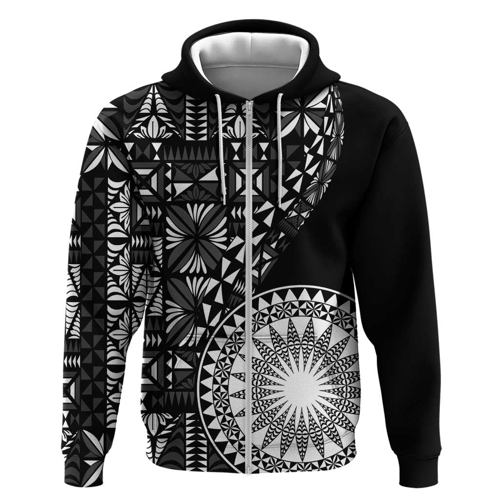 Black Tongan Ngatu Fonulei Pattern Zip Hoodie LT9 Zip Hoodie Black - Polynesian Pride