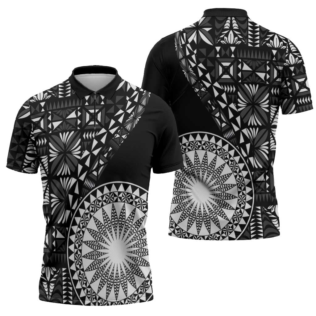 Black Tongan Ngatu Fonulei Pattern Zipper Polo Shirt - Polynesian Pride