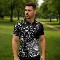 Black Tongan Ngatu Fonulei Pattern Zipper Polo Shirt - Polynesian Pride