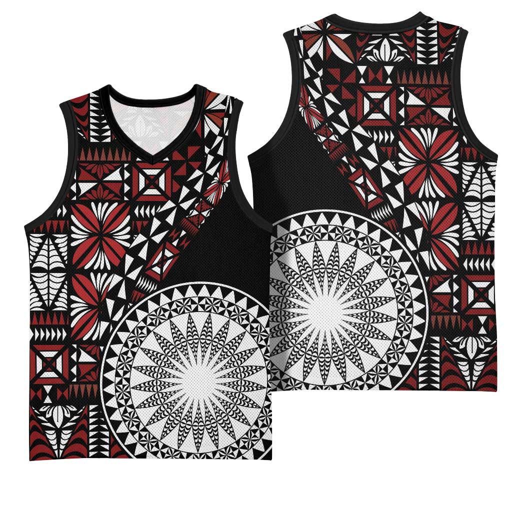 Red Tongan Ngatu Fonulei Pattern Basketball Jersey - Polynesian Pride