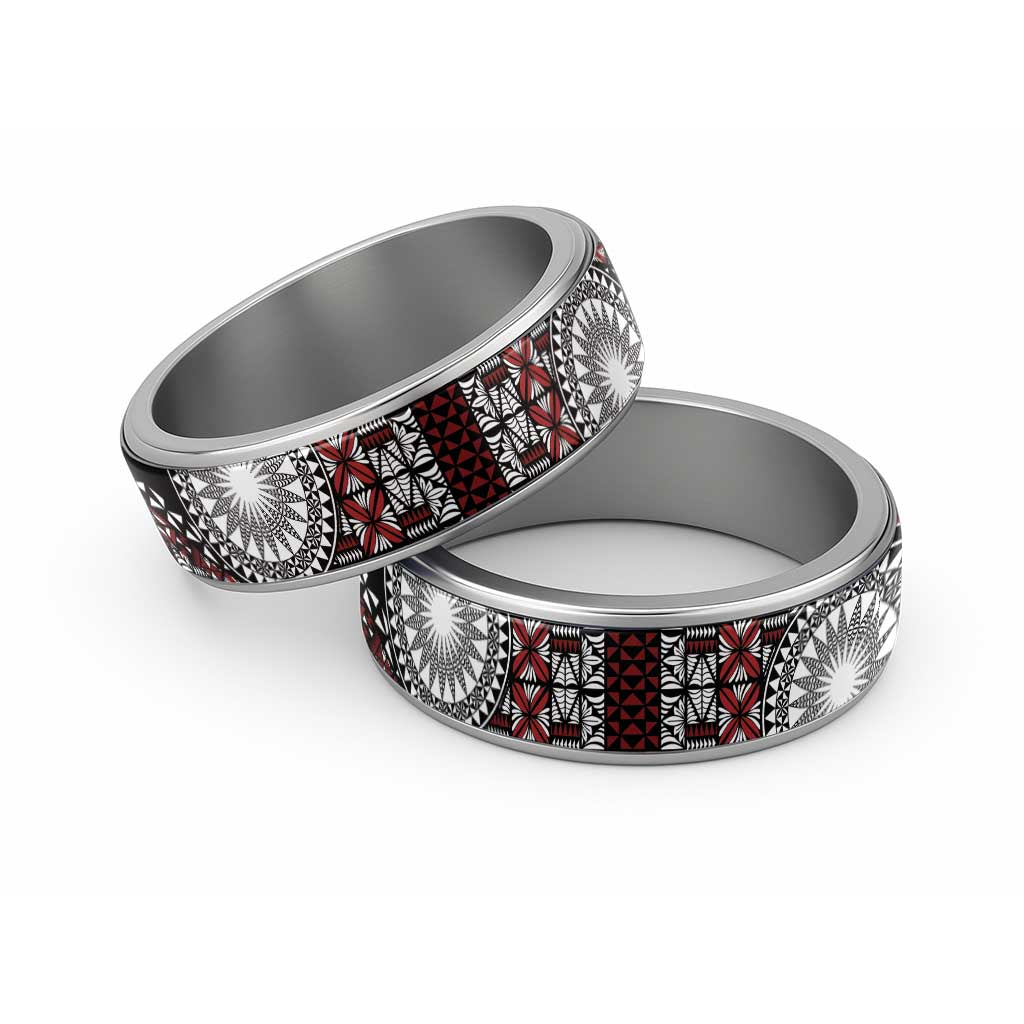 Red Tongan Ngatu Fonulei Pattern Classic Ring - Polynesian Pride