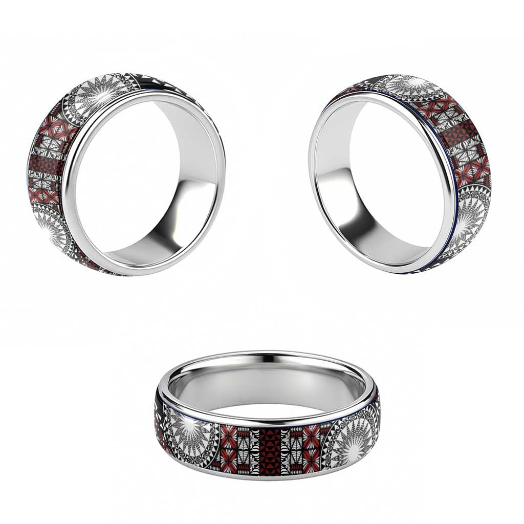 Red Tongan Ngatu Fonulei Pattern Classic Ring - Polynesian Pride
