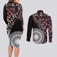 Red Tongan Ngatu Fonulei Pattern Couples Matching Long Sleeve Bodycon Dress and Long Sleeve Button Shirt