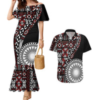 Red Tongan Ngatu Fonulei Pattern Couples Matching Mermaid Dress and Hawaiian Shirt