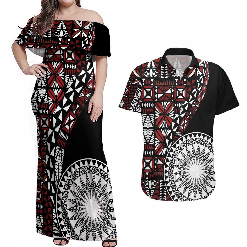 Red Tongan Ngatu Fonulei Pattern Couples Matching Off Shoulder Maxi Dress and Hawaiian Shirt