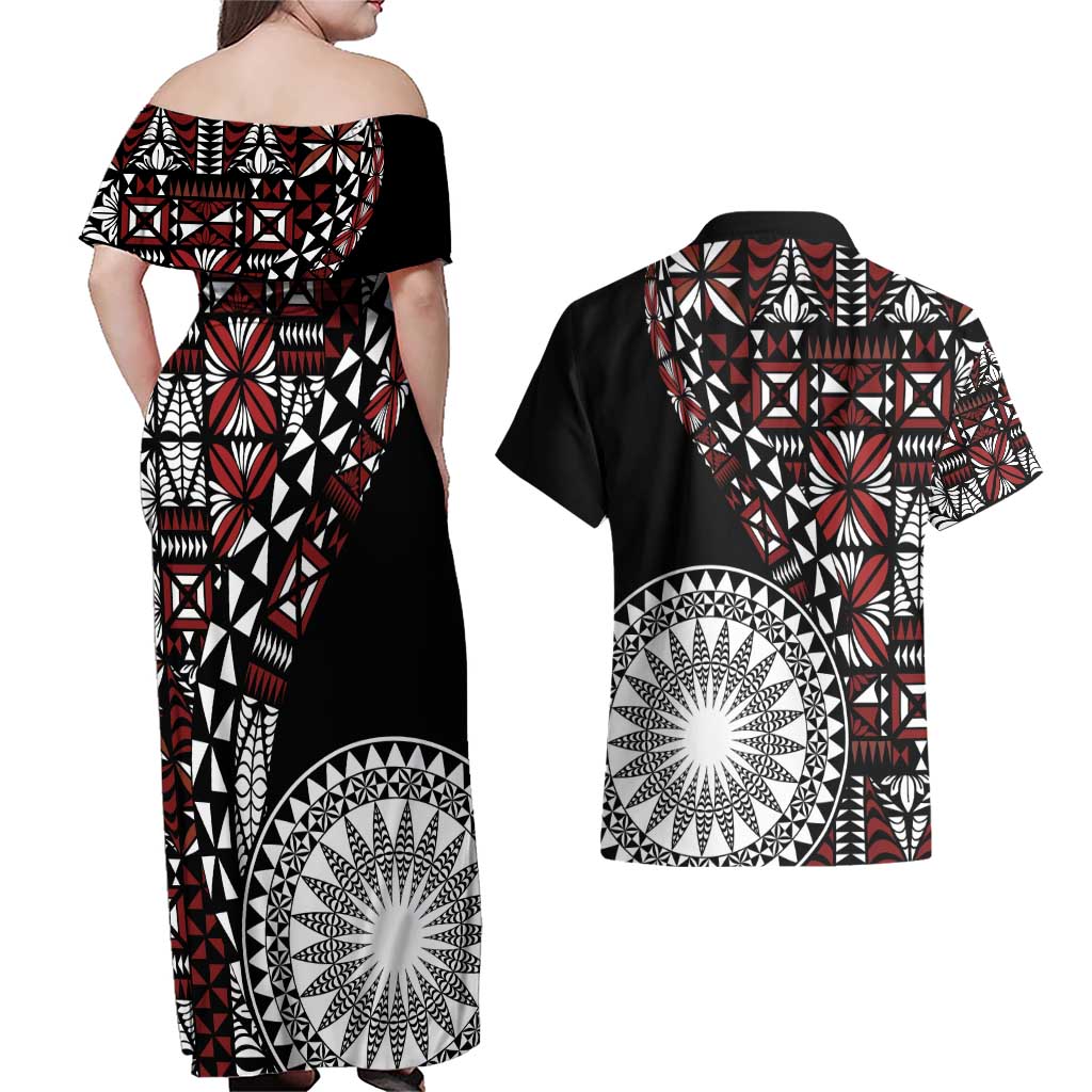Red Tongan Ngatu Fonulei Pattern Couples Matching Off Shoulder Maxi Dress and Hawaiian Shirt