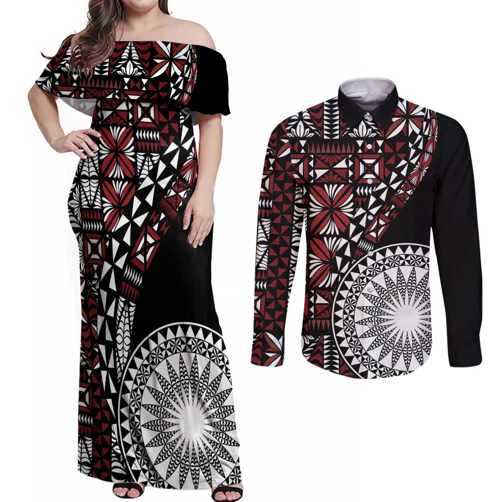 Red Tongan Ngatu Fonulei Pattern Couples Matching Off Shoulder Maxi Dress and Long Sleeve Button Shirt