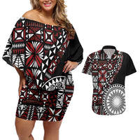 Red Tongan Ngatu Fonulei Pattern Couples Matching Off Shoulder Short Dress and Hawaiian Shirt