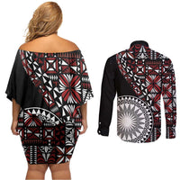 Red Tongan Ngatu Fonulei Pattern Couples Matching Off Shoulder Short Dress and Long Sleeve Button Shirt