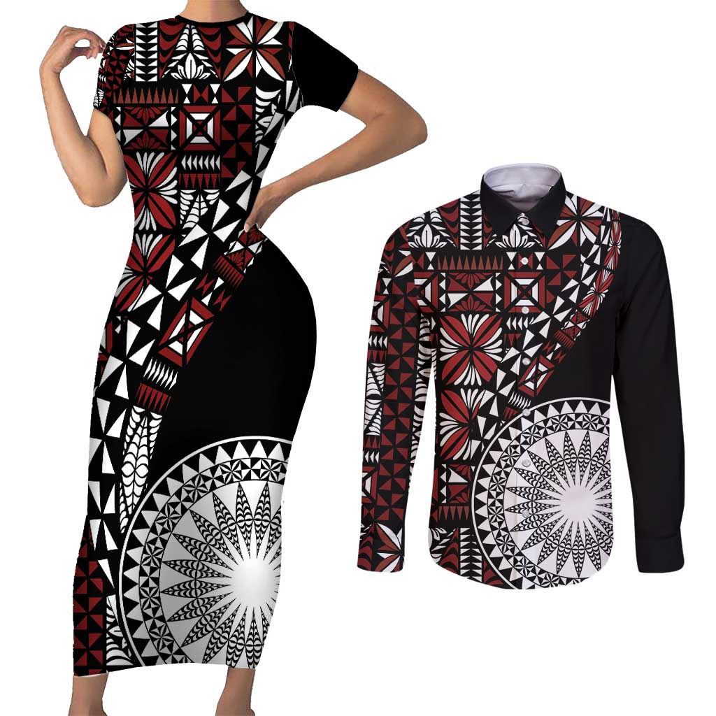 Red Tongan Ngatu Fonulei Pattern Couples Matching Short Sleeve Bodycon Dress and Long Sleeve Button Shirt