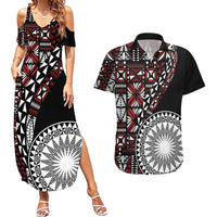 Red Tongan Ngatu Fonulei Pattern Couples Matching Summer Maxi Dress and Hawaiian Shirt