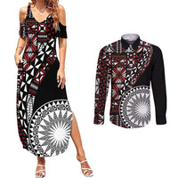 Red Tongan Ngatu Fonulei Pattern Couples Matching Summer Maxi Dress and Long Sleeve Button Shirt