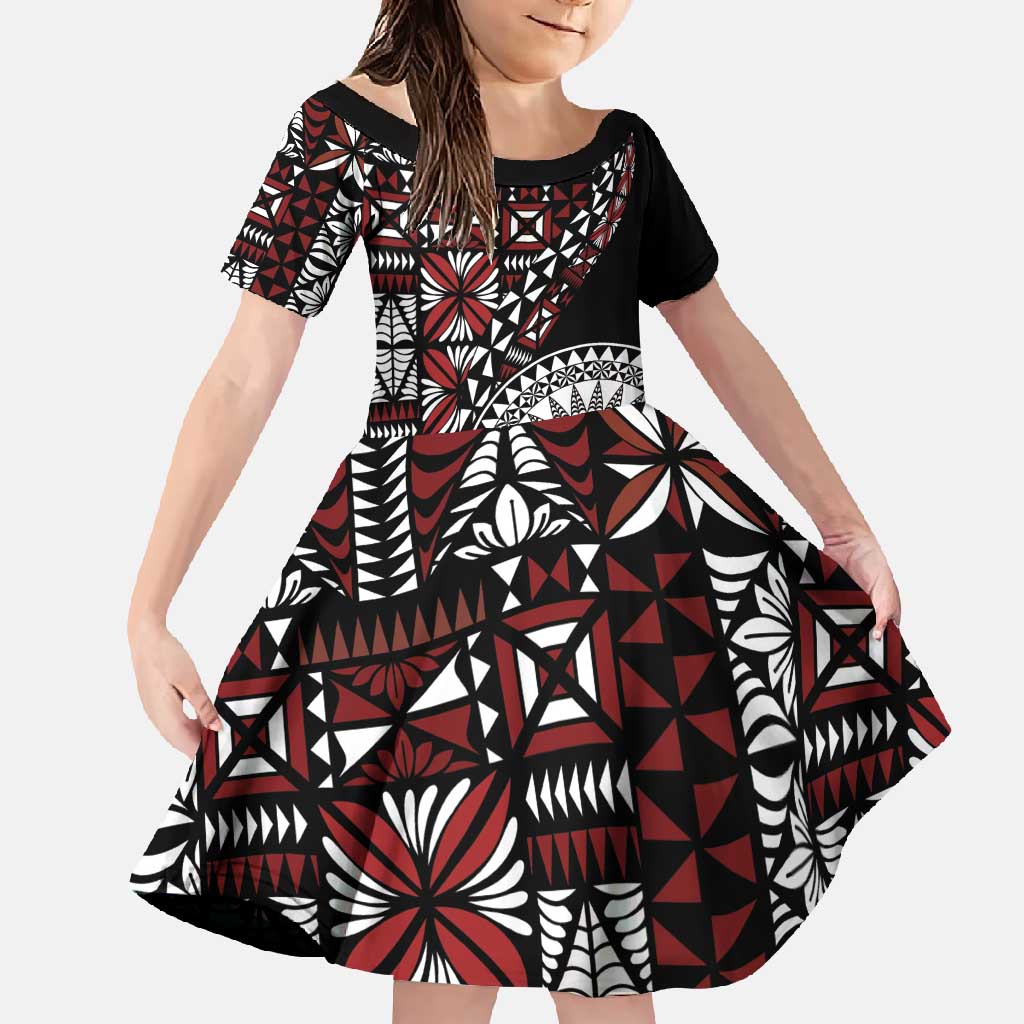Red Tongan Ngatu Fonulei Pattern Family Matching Long Sleeve Bodycon Dress and Hawaiian Shirt