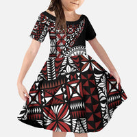 Red Tongan Ngatu Fonulei Pattern Family Matching Long Sleeve Bodycon Dress and Hawaiian Shirt