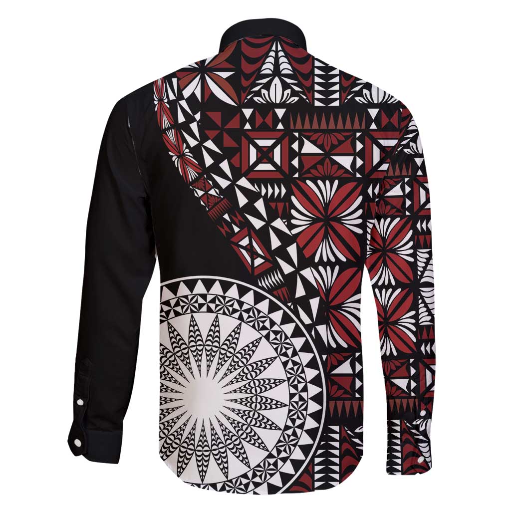 Red Tongan Ngatu Fonulei Pattern Family Matching Long Sleeve Bodycon Dress and Hawaiian Shirt