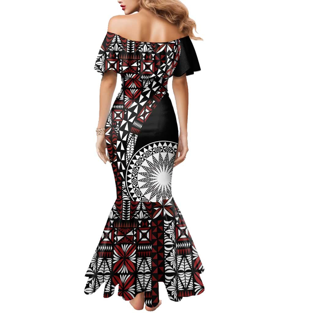 Red Tongan Ngatu Fonulei Pattern Family Matching Mermaid Dress and Hawaiian Shirt
