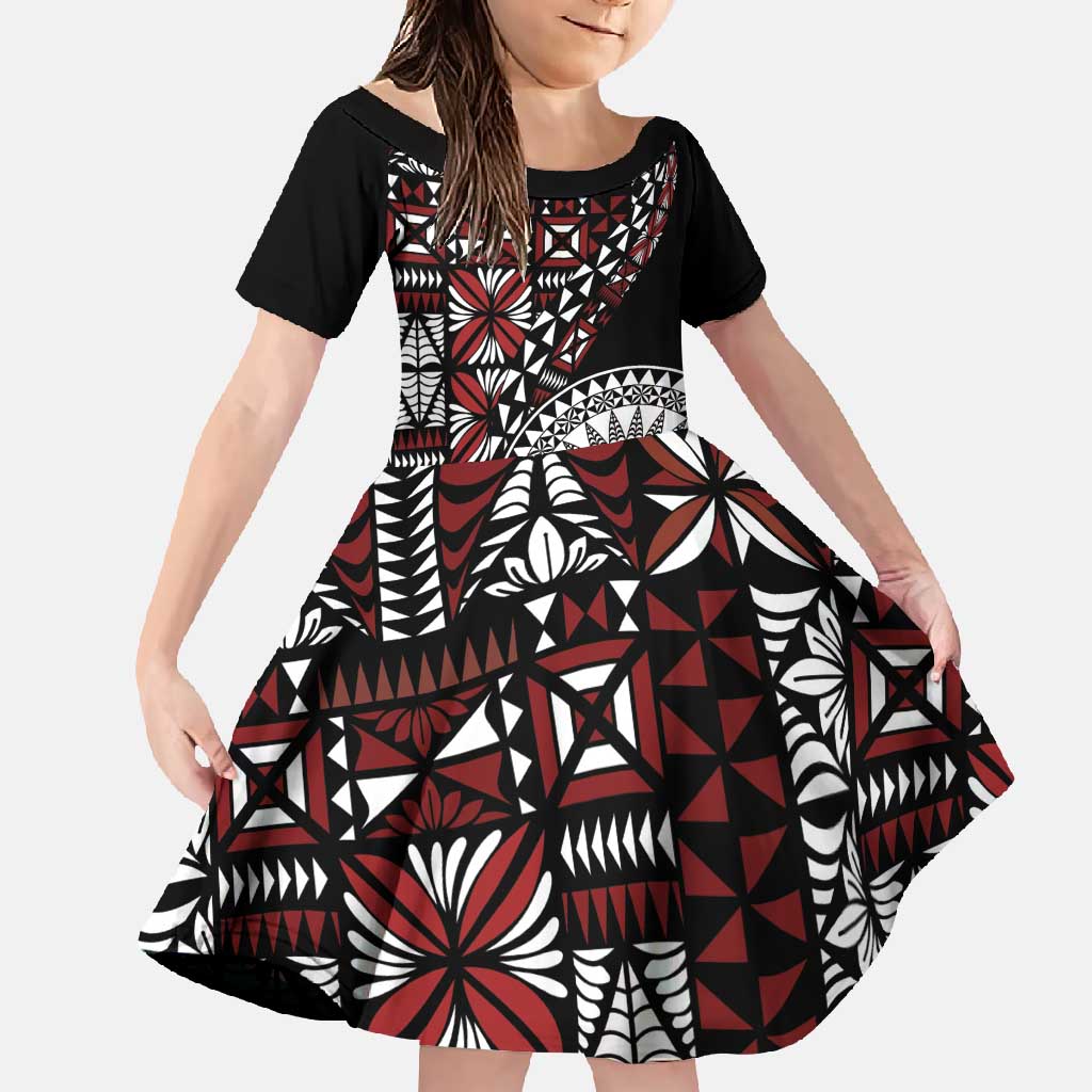 Red Tongan Ngatu Fonulei Pattern Family Matching Off Shoulder Maxi Dress and Hawaiian Shirt