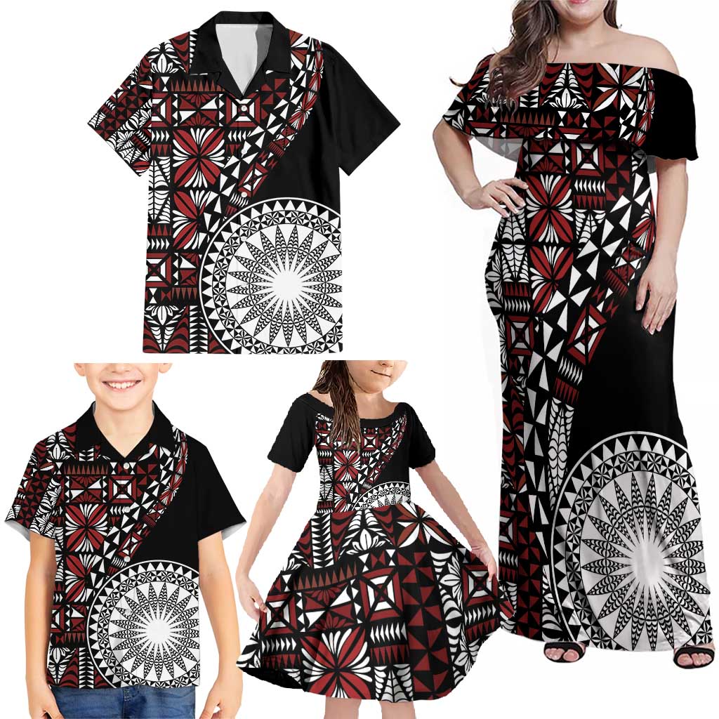 Red Tongan Ngatu Fonulei Pattern Family Matching Off Shoulder Maxi Dress and Hawaiian Shirt