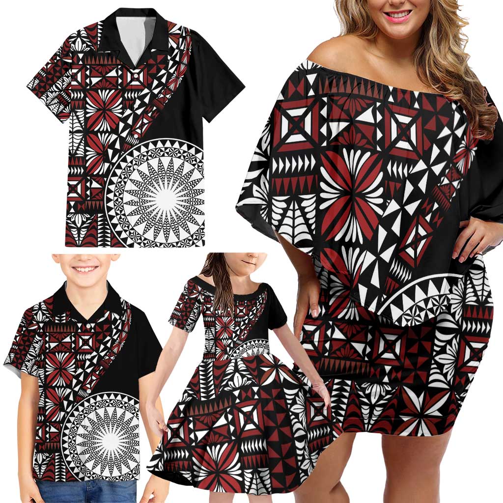 Red Tongan Ngatu Fonulei Pattern Family Matching Off Shoulder Short Dress and Hawaiian Shirt