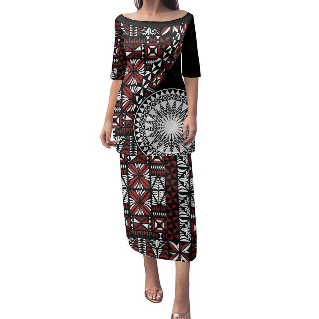 Red Tongan Ngatu Fonulei Pattern Family Matching Puletasi and Hawaiian Shirt