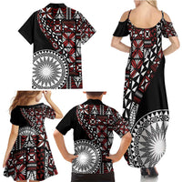 Red Tongan Ngatu Fonulei Pattern Family Matching Summer Maxi Dress and Hawaiian Shirt