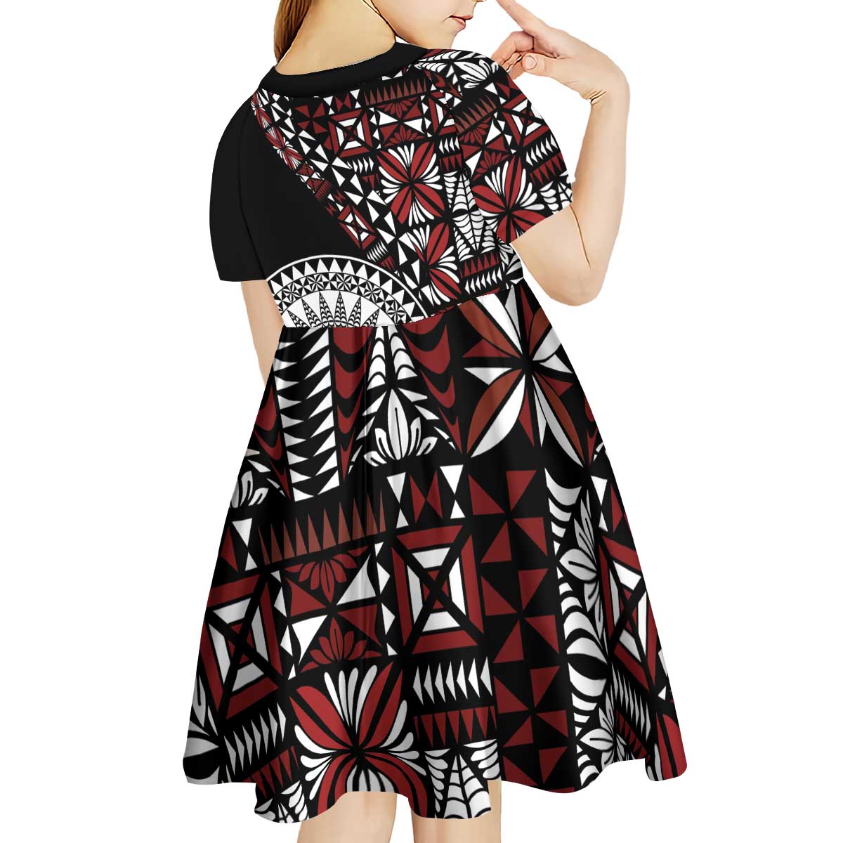 Red Tongan Ngatu Fonulei Pattern Kid Short Sleeve Dress LT9 - Polynesian Pride