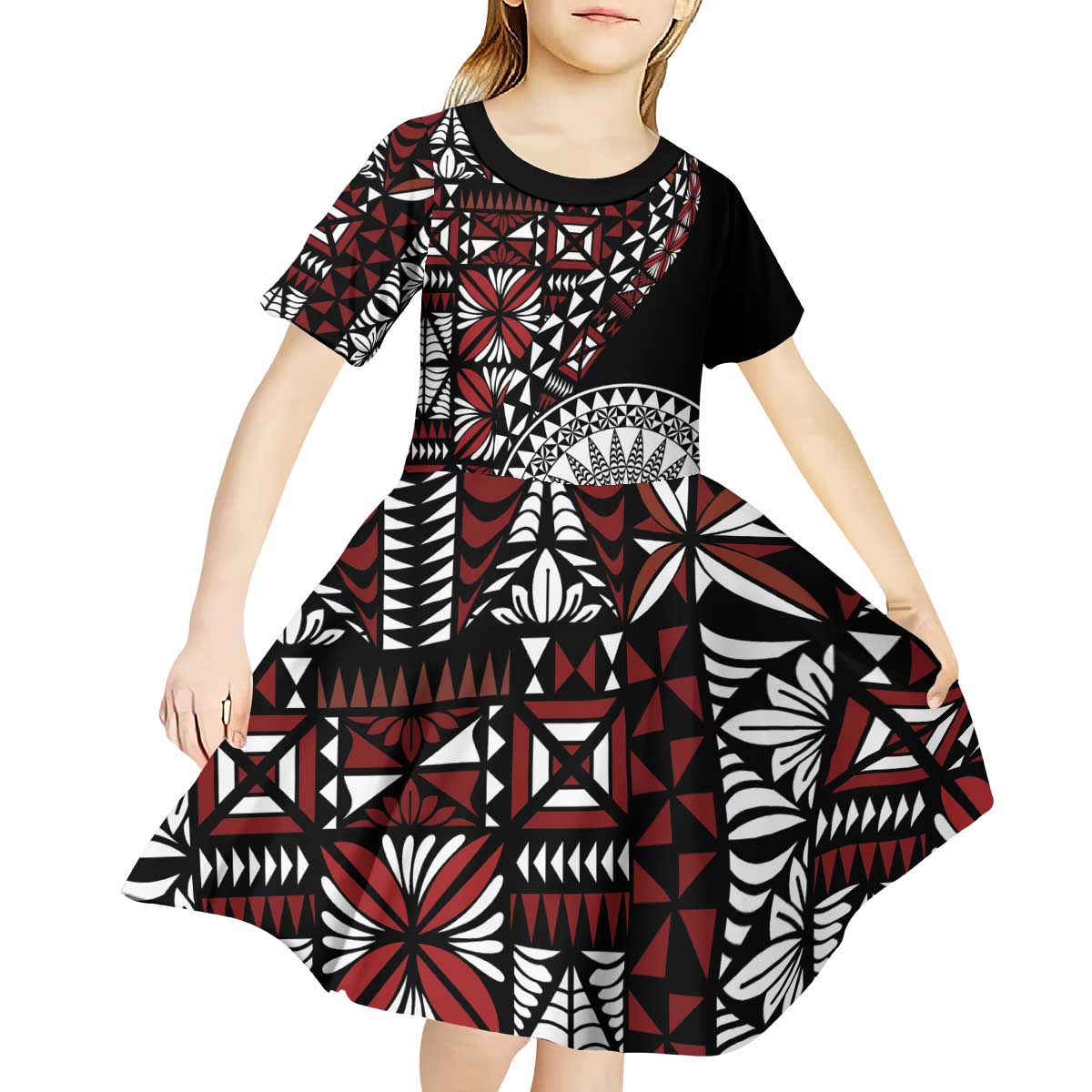 Red Tongan Ngatu Fonulei Pattern Kid Short Sleeve Dress LT9 - Polynesian Pride