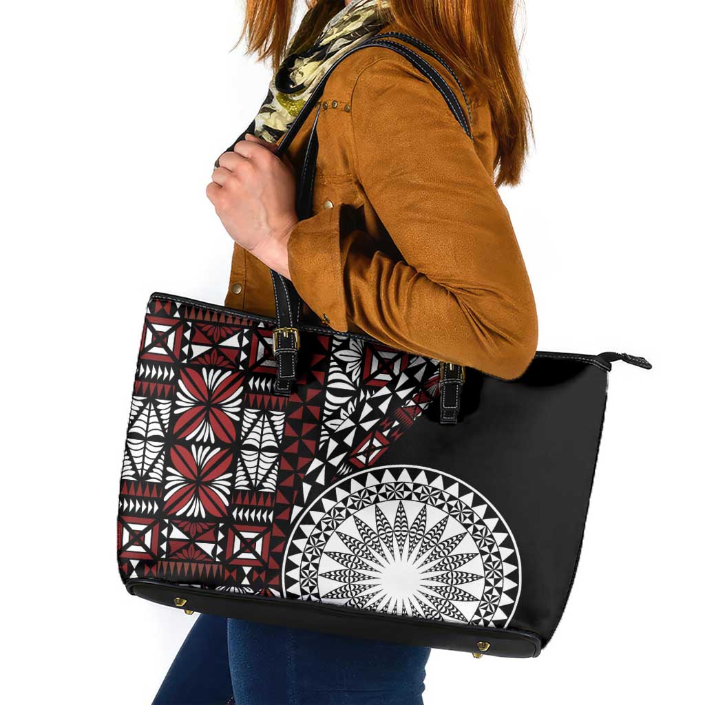 Red Tongan Ngatu Fonulei Pattern Leather Tote Bag LT9 Red - Polynesian Pride