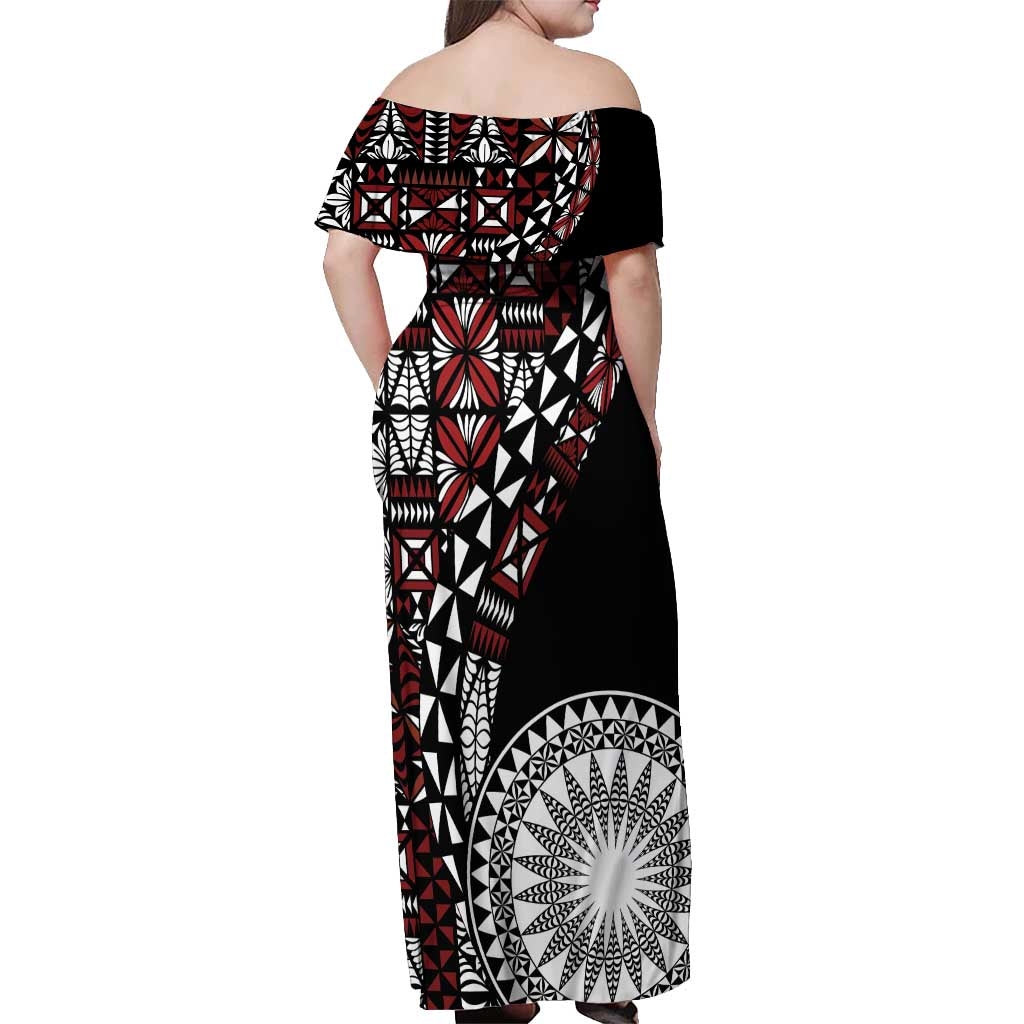Red Tongan Ngatu Fonulei Pattern Off Shoulder Maxi Dress