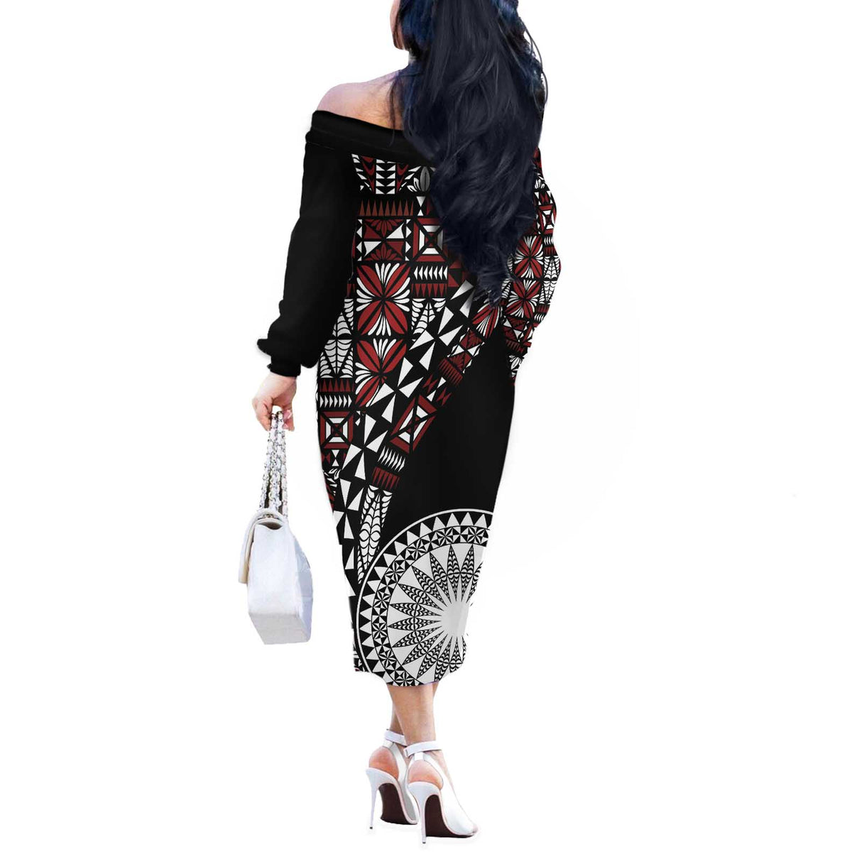 Red Tongan Ngatu Fonulei Pattern Off The Shoulder Long Sleeve Dress LT9 - Polynesian Pride