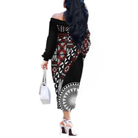 Red Tongan Ngatu Fonulei Pattern Off The Shoulder Long Sleeve Dress LT9 - Polynesian Pride