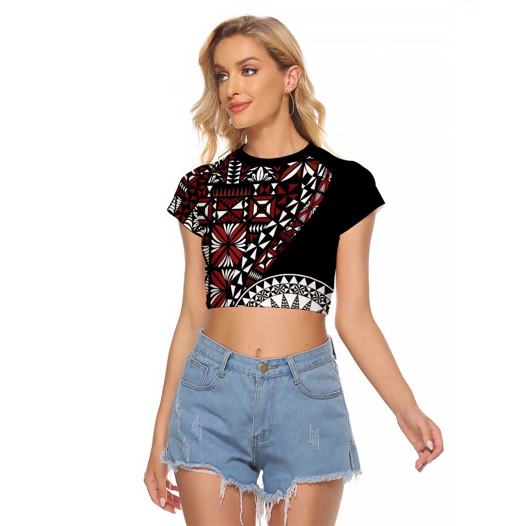 Red Tongan Ngatu Fonulei Pattern Raglan Cropped T Shirt LT9 Female Red - Polynesian Pride
