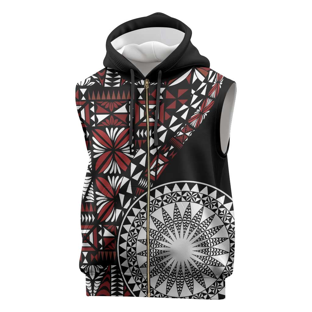 Red Tongan Ngatu Fonulei Pattern Sleeveless Zip Hoodie - Polynesian Pride
