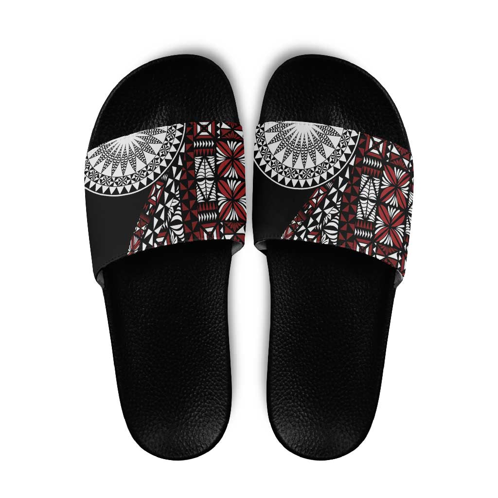 Red Tongan Ngatu Fonulei Pattern Slide Sandals - Polynesian Pride