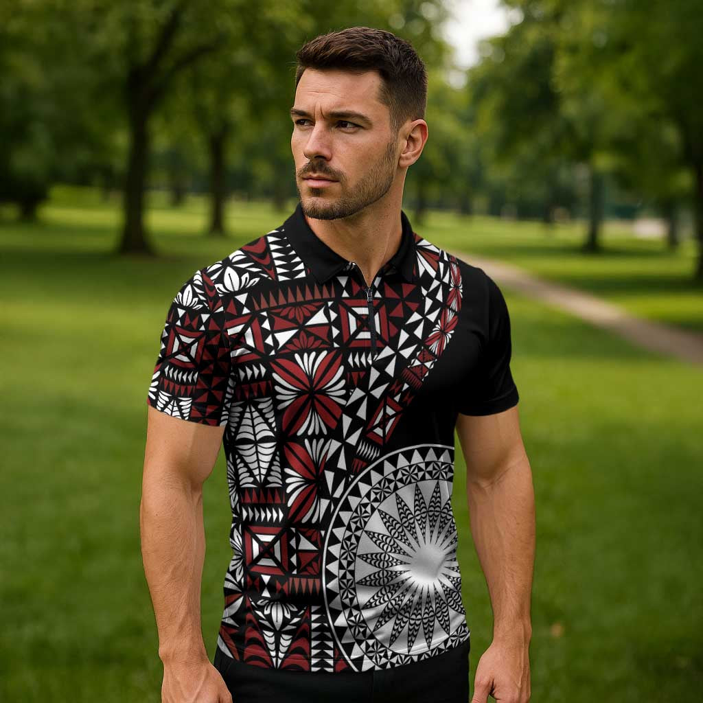 Red Tongan Ngatu Fonulei Pattern Zipper Polo Shirt - Polynesian Pride