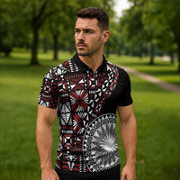 Red Tongan Ngatu Fonulei Pattern Zipper Polo Shirt - Polynesian Pride