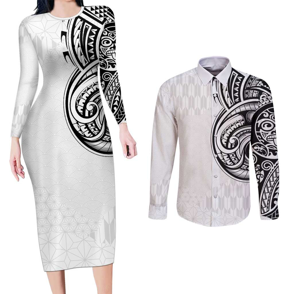 Hawaii and Japanese Culture Personalised Couples Matching Long Sleeve Bodycon Dress and Long Sleeve Button Shirt With Polynesian Tribal Tattoo Style