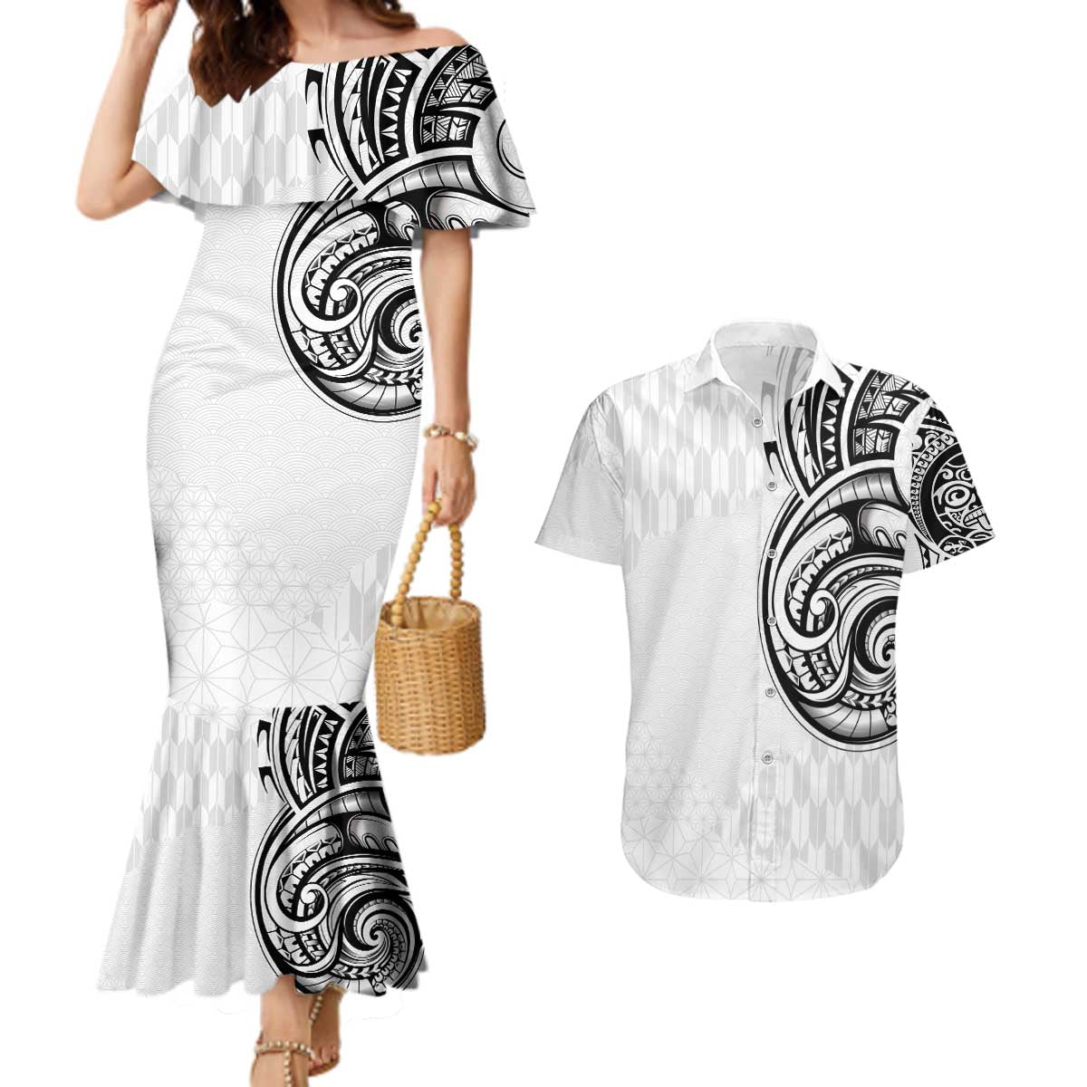 Hawaii and Japanese Culture Personalised Couples Matching Mermaid Dress and Hawaiian Shirt With Polynesian Tribal Tattoo Style