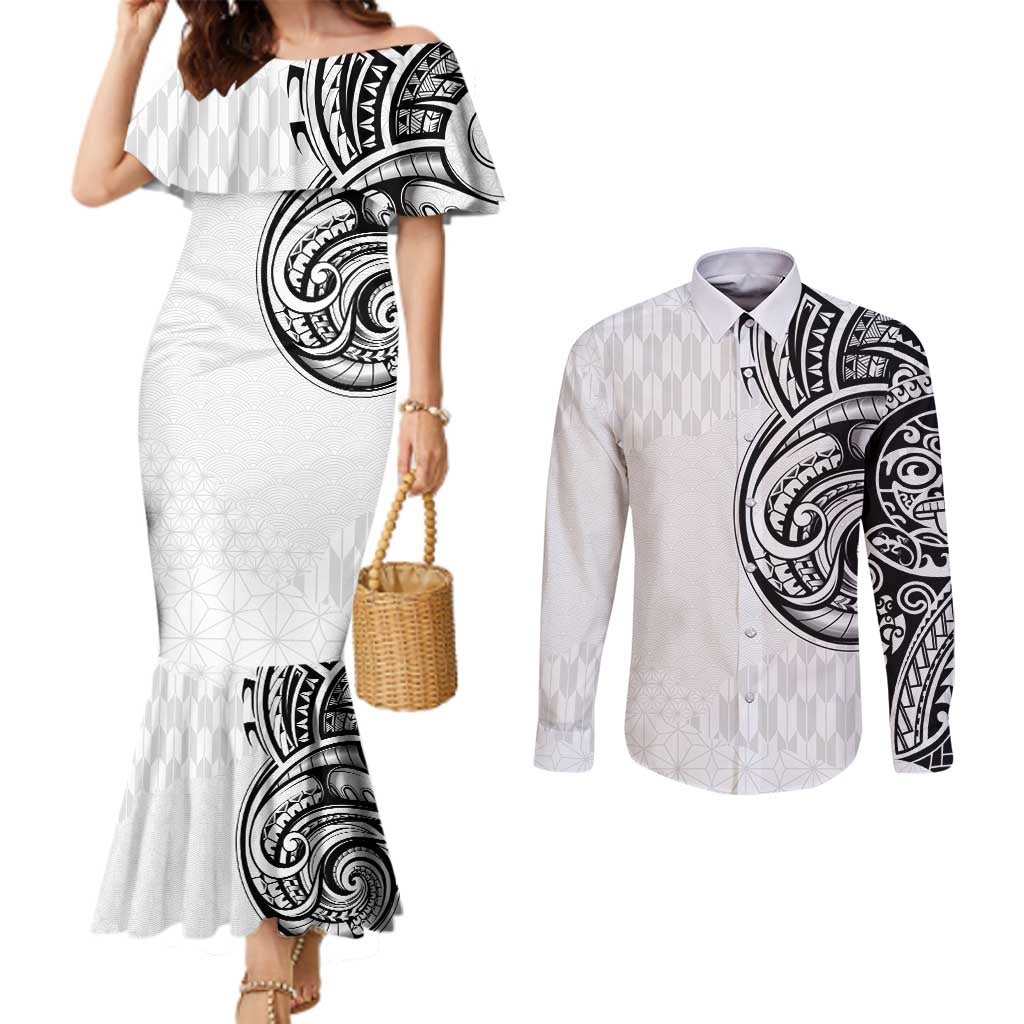 Hawaii and Japanese Culture Personalised Couples Matching Mermaid Dress and Long Sleeve Button Shirt With Polynesian Tribal Tattoo Style