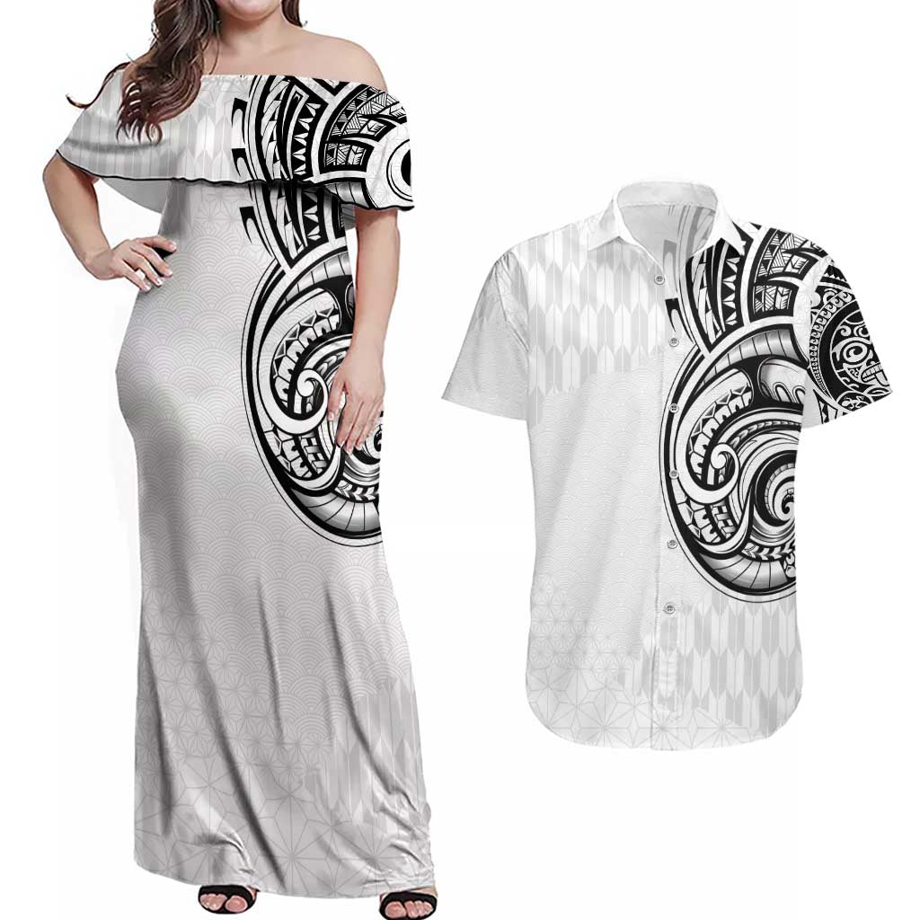 Hawaii and Japanese Culture Personalised Couples Matching Off Shoulder Maxi Dress and Hawaiian Shirt With Polynesian Tribal Tattoo Style