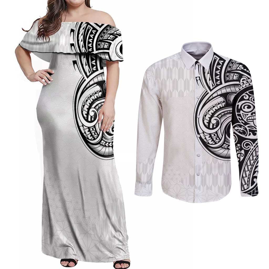 Hawaii and Japanese Culture Personalised Couples Matching Off Shoulder Maxi Dress and Long Sleeve Button Shirt With Polynesian Tribal Tattoo Style