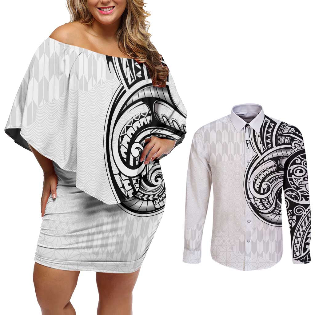 Hawaii and Japanese Culture Personalised Couples Matching Off Shoulder Short Dress and Long Sleeve Button Shirt With Polynesian Tribal Tattoo Style